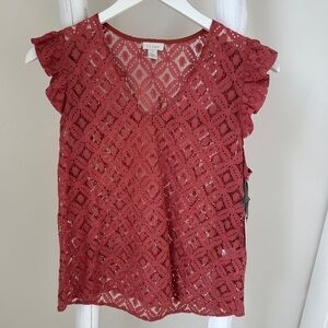 Hinge Women’s Ruffle Sleeve Rust Lace Top Size Small